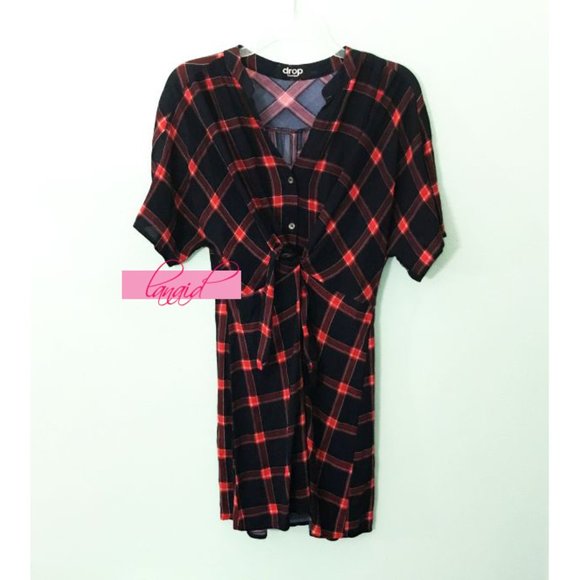 Drop Skye Plaid Tie-Front Dress Red Navy Tartan Button-Up Belt Belted A-Line S - Picture 4 of 9